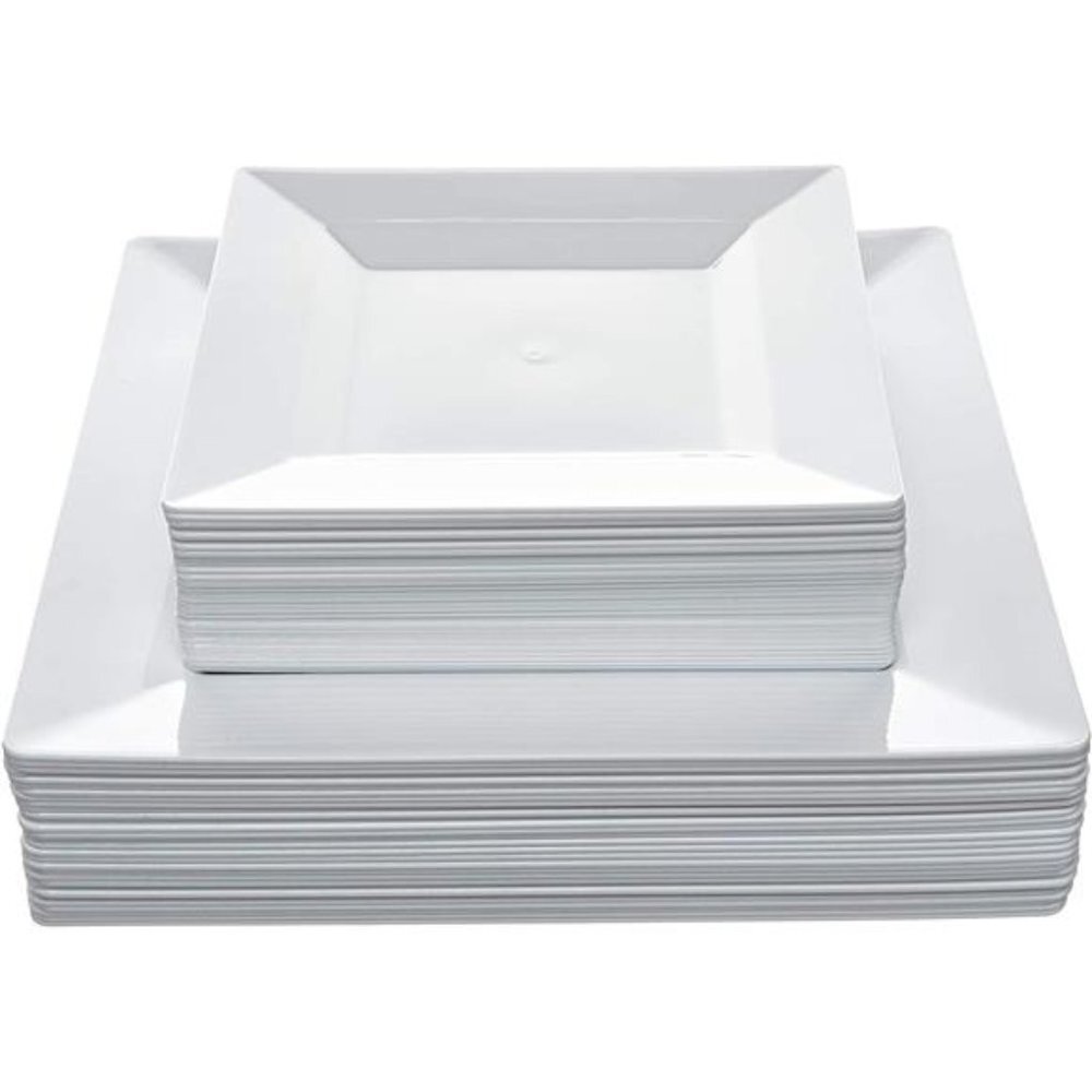 White Square Disposable Plates - Heavy Duty Plastic Party Plates for Christmas